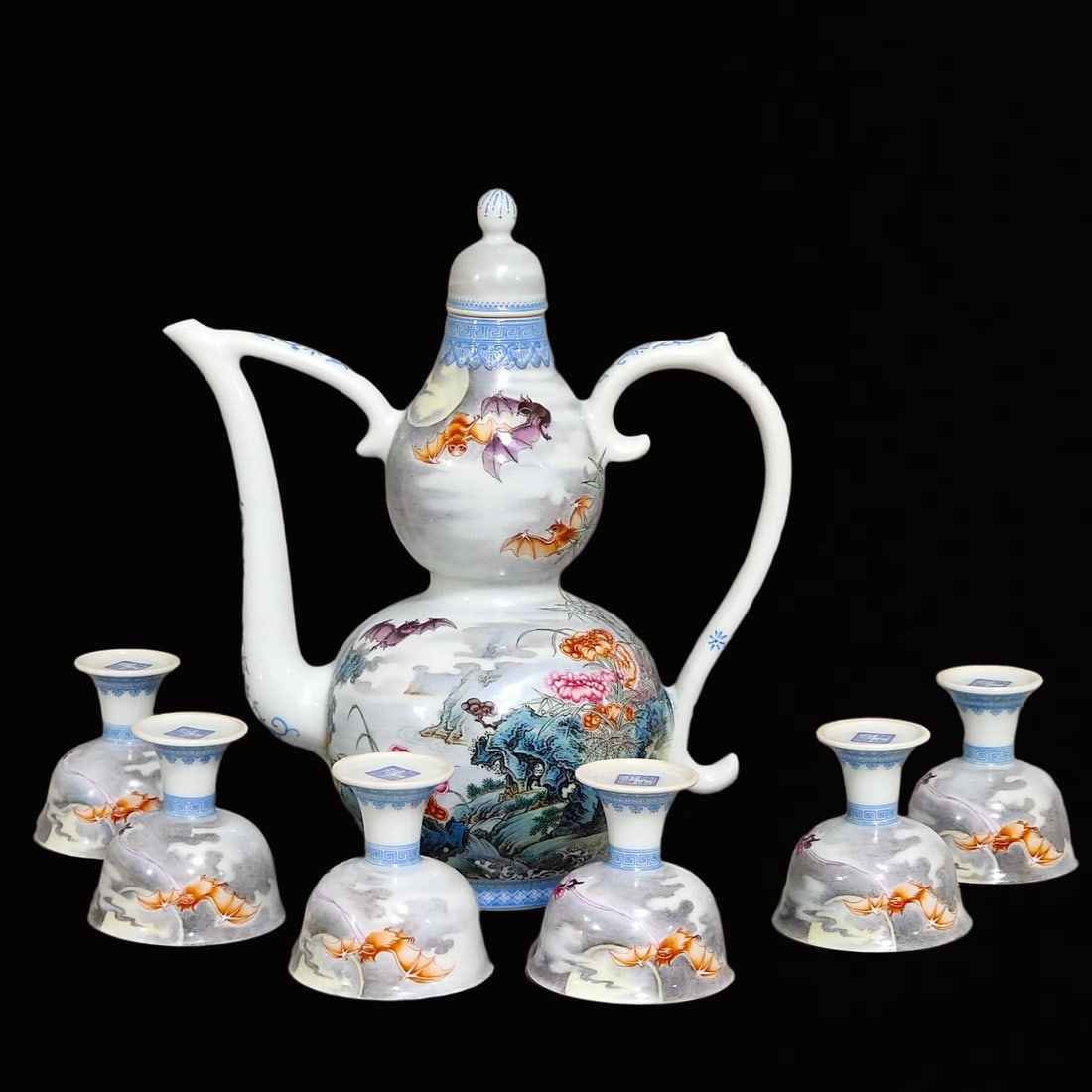 A Set of Fine Enamel Bats and Ganoderma Lucidum Pattern Pot,with Cups: A Set of Fine Enamel Bats and Ganoderma Lucidum Pattern Pot,with Cups,Qing Dynasty,China,Yongzheng Four-Character Mark,Size:(Pot)8inx6.9in,(Cup)2.2inx2.2in 