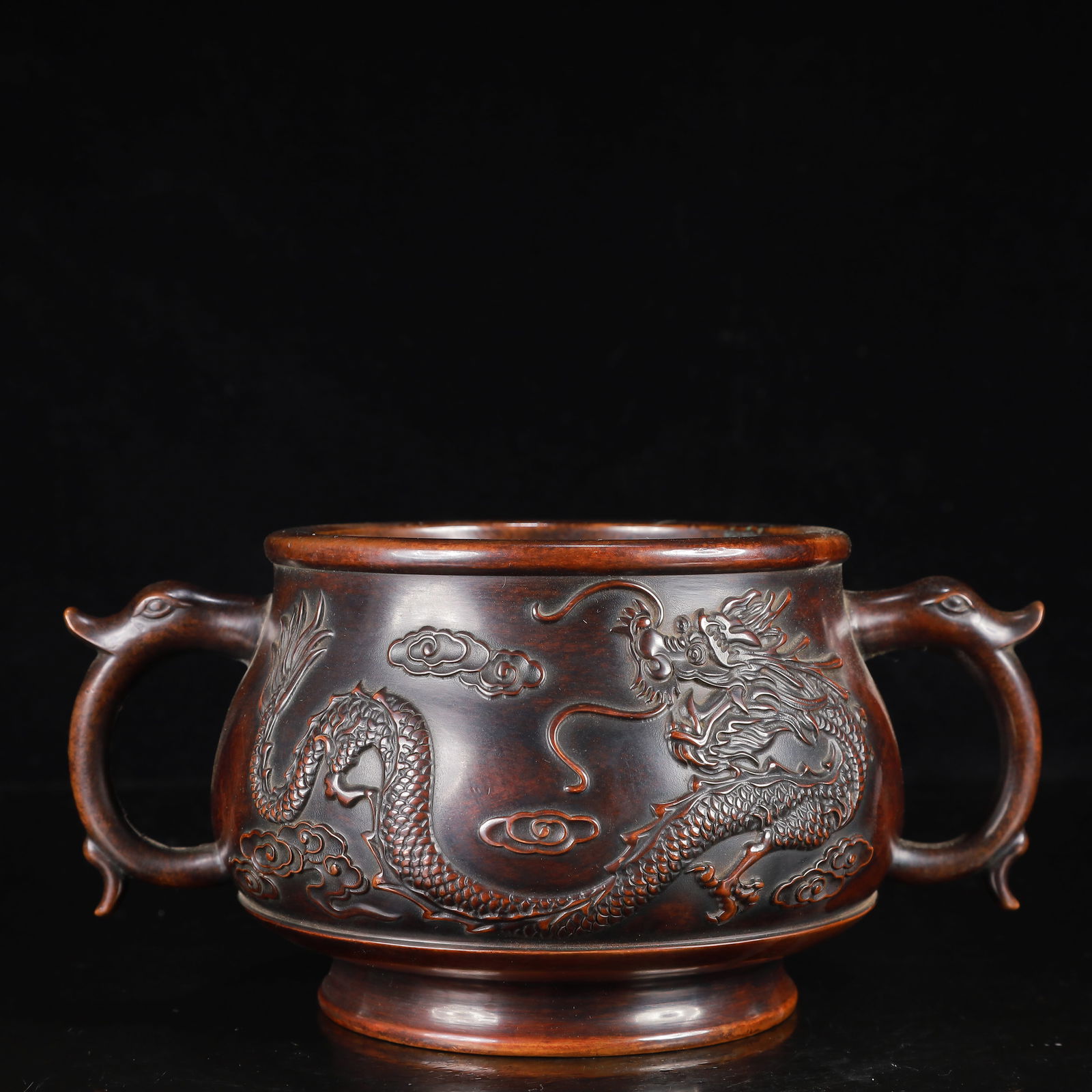 A Rare Bronze Auspicious Cloud and Dragon Pattern Double-Ears Censer: A Rare Bronze Auspicious Cloud and Dragon Pattern Double-Ears Censer,Ming Dynasty,China,With Mark,Size:8.3inx5.5inx4.3in,Weight:3400g 铜祥云龙纹双耳香&#