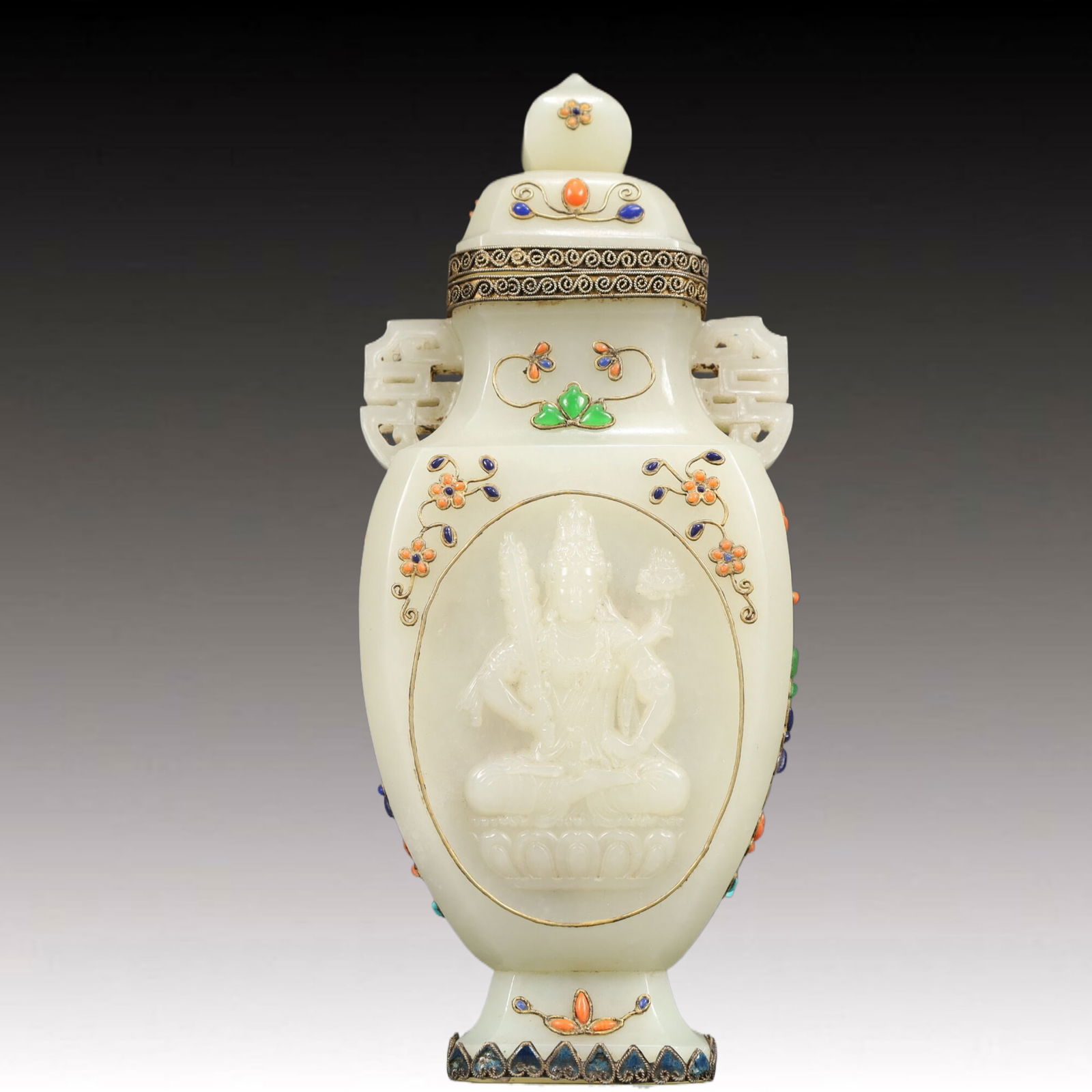 An Exquisite White Jade Inlaid Gems Bodhisattva Image Double-Ears Vase (1 of 8)