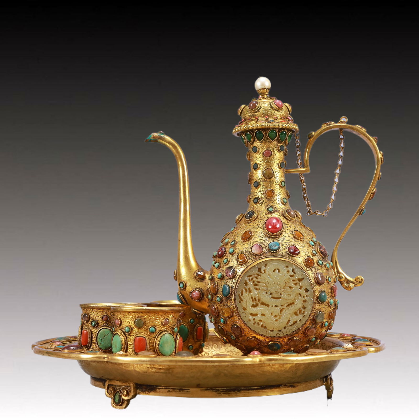 A Set of Rare Gilt Bronze Inlaid White Jade Dragon Pattern Flagon,Inlaid Turquoise (1 of 16)