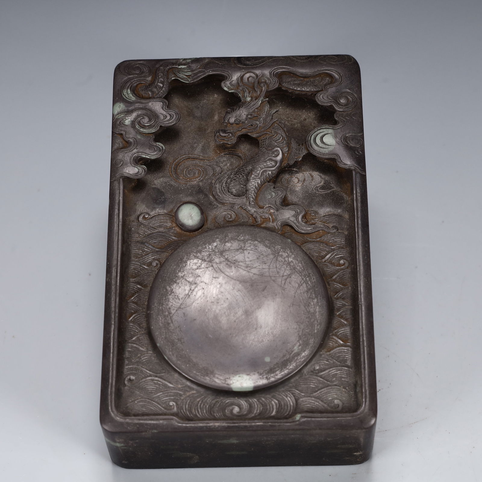 A Rare Auspicious Cloud and Dragon Pattern Inkstone,With poem (1 of 8)