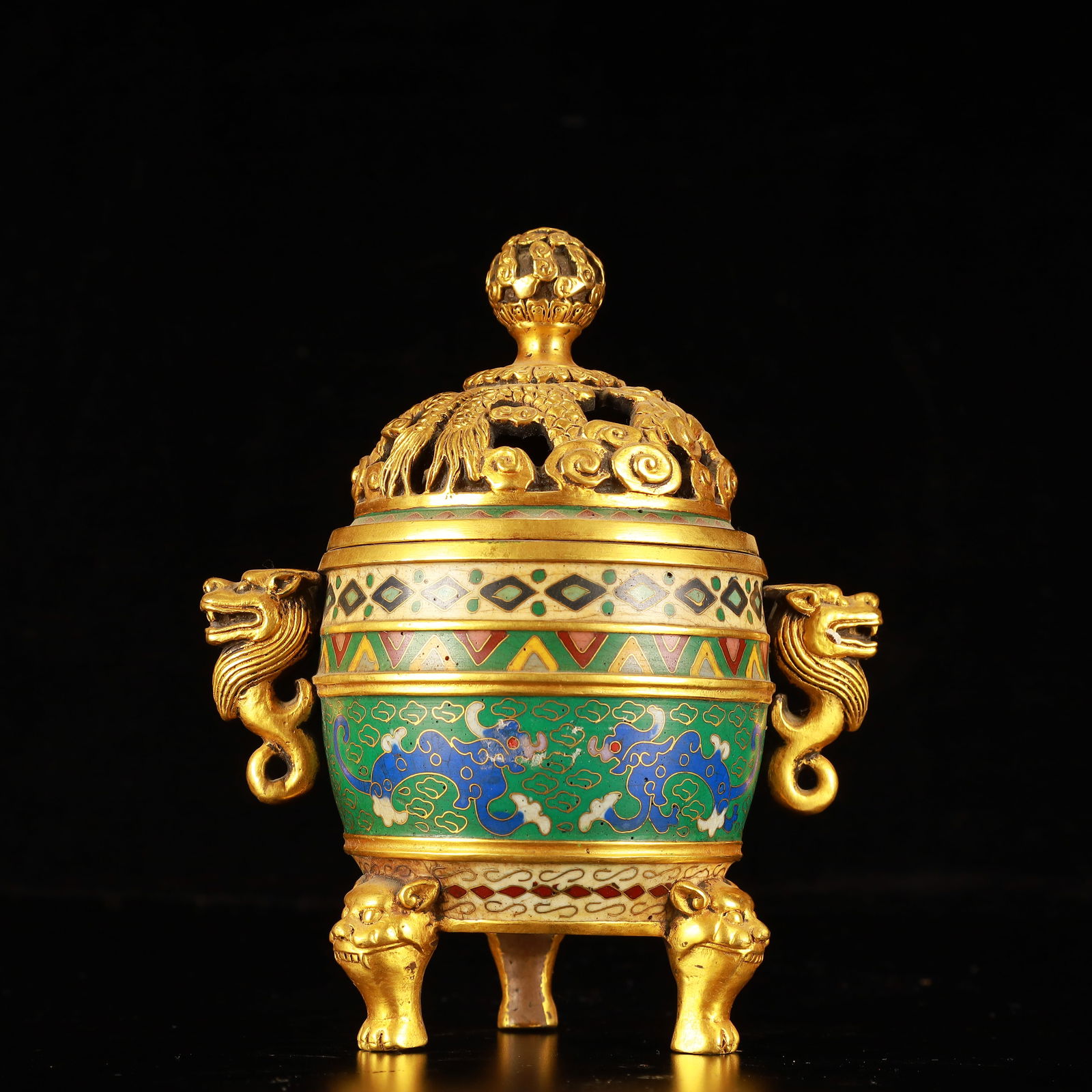 An Exquisite Cloisonne Dragon Pattern Double-Ears and Beast-Legs Censer: An Exquisite Cloisonne Dragon Pattern Double-Ears and Beast-Legs Censer,(A type of enamelware with metal wires separating colored glaze, originating in China),Qing Dynasty,China,Qianlong