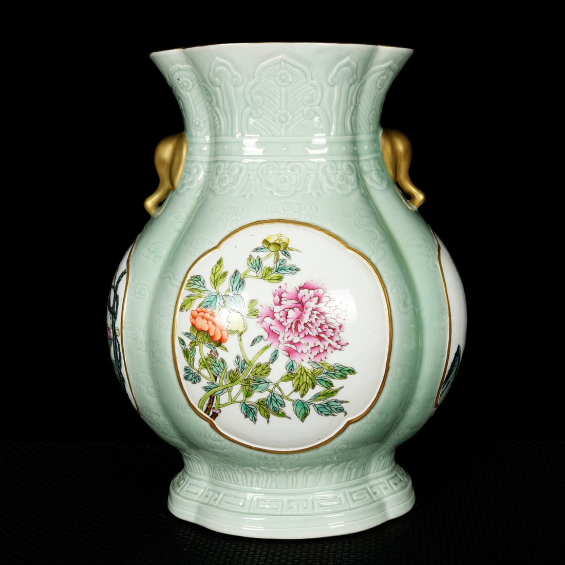 A Rare Celadon Glazed Enamel Painted Gold Flower Pattern Elephant-Ears Vase: A Rare Celadon Glazed Enamel Painted Gold Flower Pattern Elephant-Ears Vase,Qing Dynasty,China,Qianlong Six-Character Mark,Size:12.8inx8.7inx9.8in 