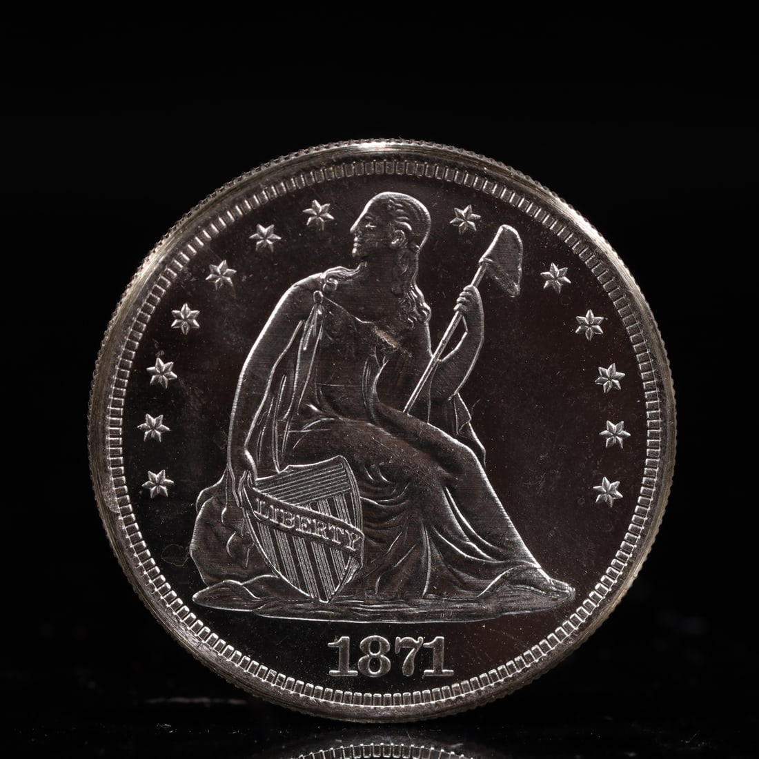 USA One Dollar 1871 Coin: American coin. IN GOD WE TRUST / LIBERTY / 1871 / UNITED STATES OF AMERICA / ONE DOL. Mint Mark: CC.Weight:26.9g.