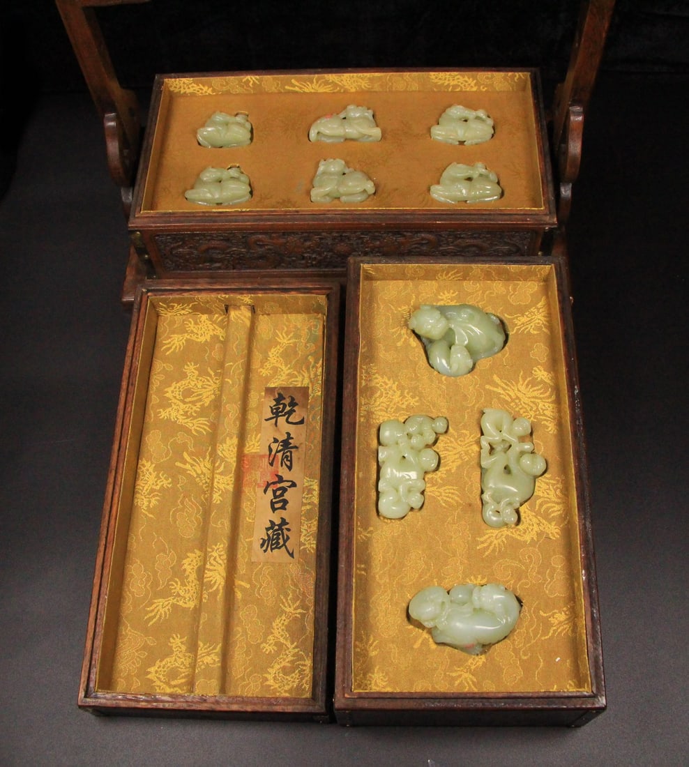 A Set of Rare White Jade Auspicious Beast Ornaments: A Set of Rare White Jade Auspicious Beast Ornaments,Qing Dynasty, China,Size:14.2inx7.9inx9.8in 一套白玉瑞兽摆件,中国清代