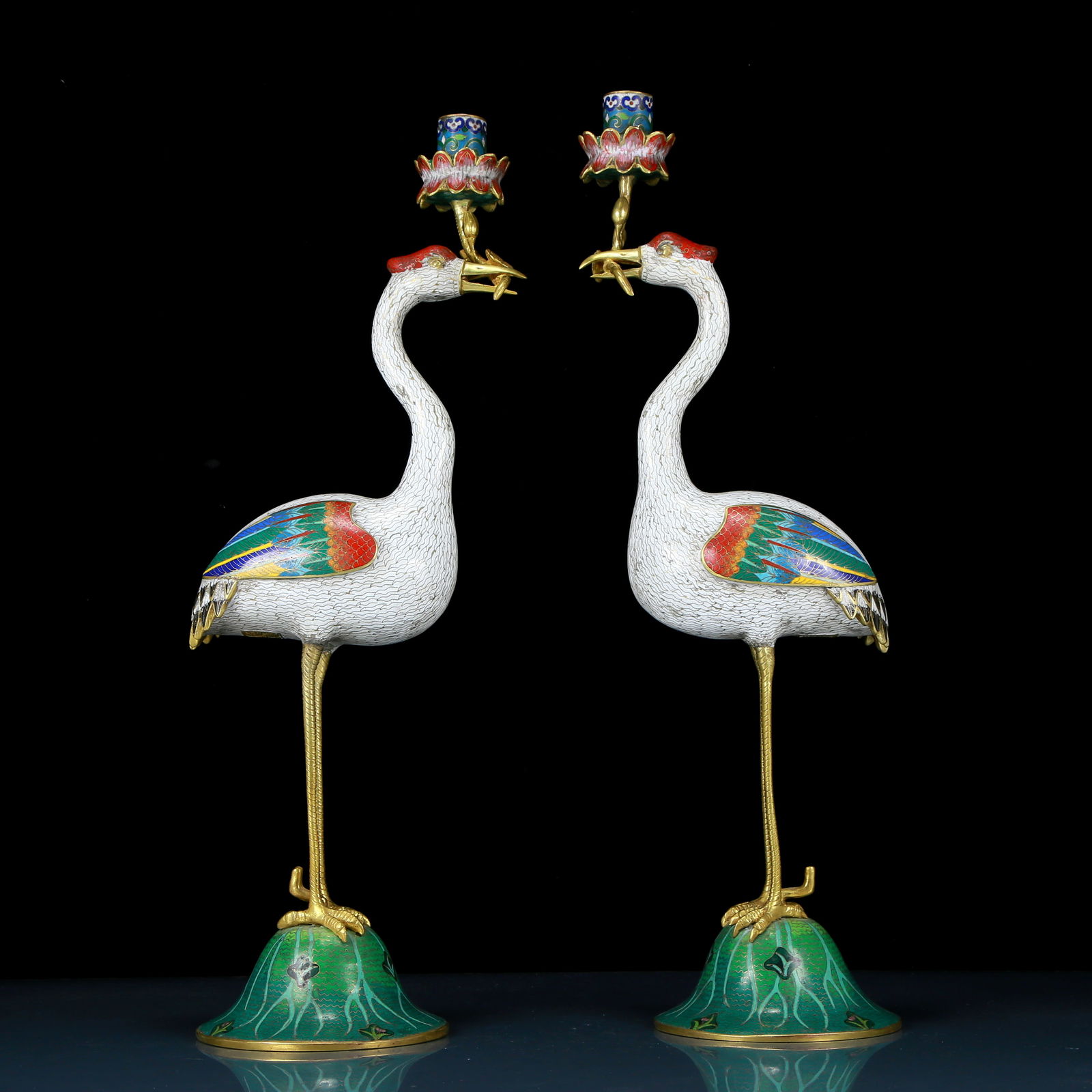 A pair of exquisite cloisonné crane-shaped candlesticks (1 of 13)