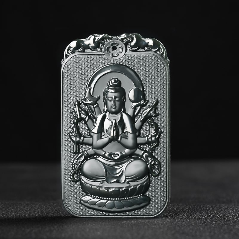 An Exquisite Cyan jade Statue of Thousand-Hand Avalokitesvara Pendant: An Exquisite Cyan jade Statue of Thousand-Hand Avalokitesvara Pendant,Size:2.7inx1.6inx0.3in 青玉千手观音像挂件