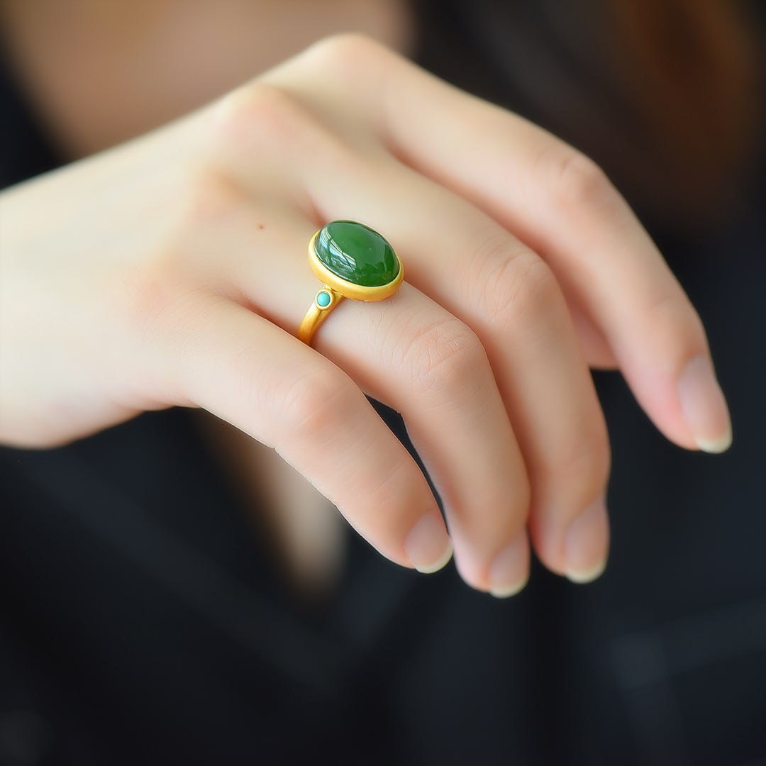 An Exquisite Sterling Silver-Gold Plated Inlaid Jasper Ring: An Exquisite Sterling Silver-Gold Plated Inlaid Jasper Ring 纯银镀金镶碧玉戒指