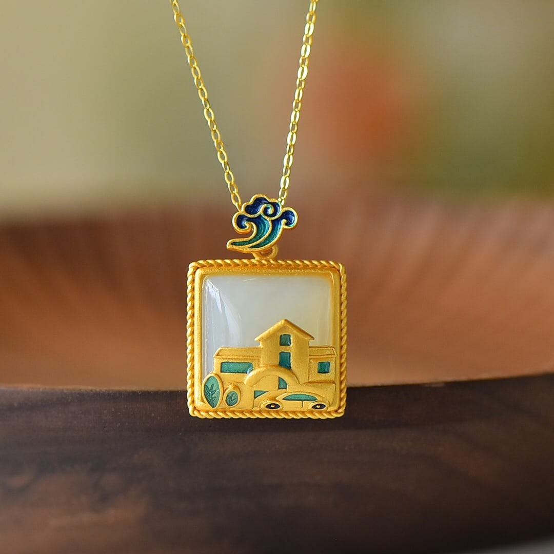 An Exquisite Sterling Silver-Gold Plated Inlaid White Jade Pendant: An Exquisite Sterling Silver-Gold Plated Inlaid White Jade Pendant 纯银镀金镶白玉吊坠