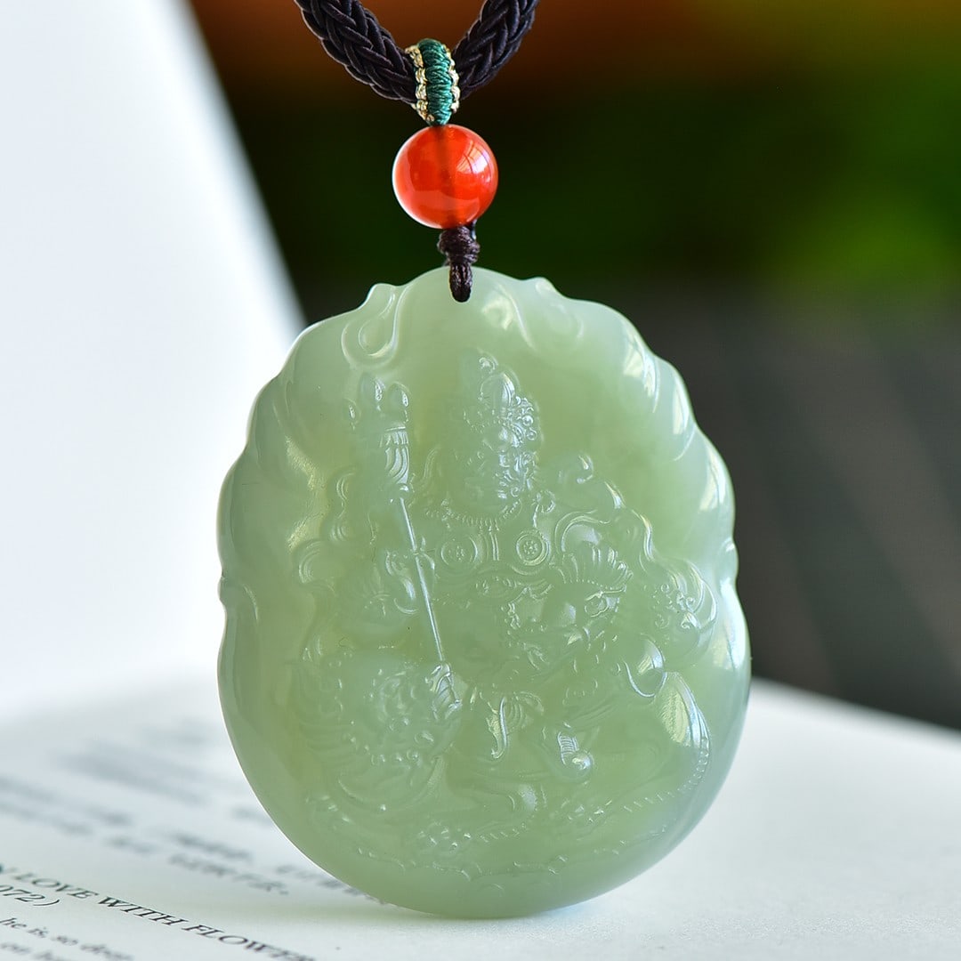 An Exquisite Greenish Jade Statue of Mammon Pendant: An Exquisite Greenish Jade Statue of Mammon Pendant,Size:1.7inx2in 青玉财神像挂件