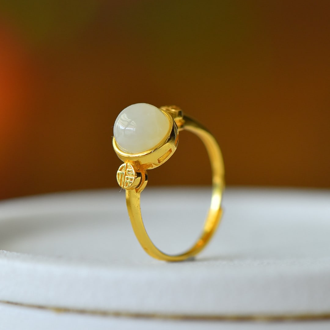 An Exquisite Sterling Silver-Gold Plated Inlaid White Jade Ring (1 of 6)