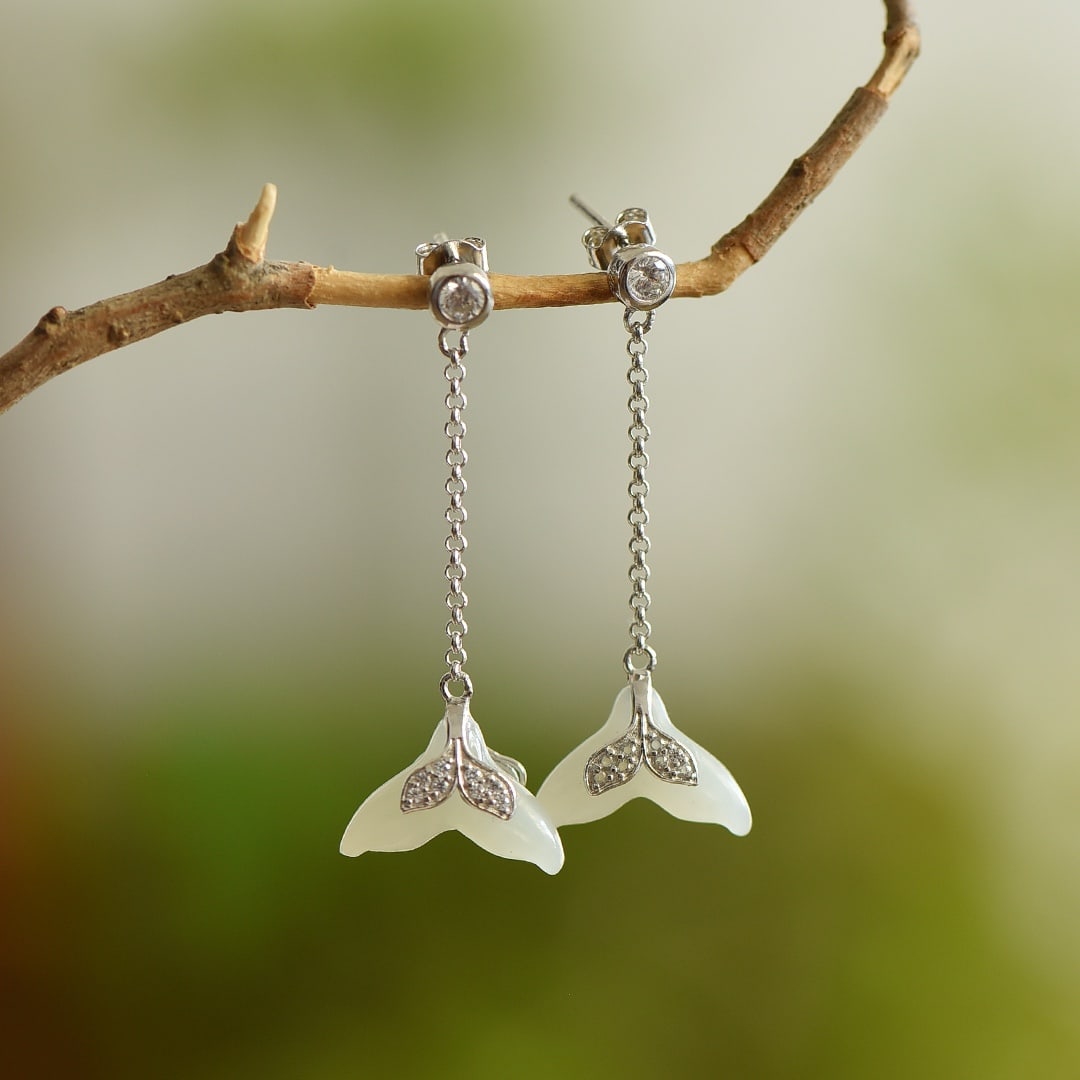 A Pair of Exquisite Sterling Silver Inlaid White Jade Earrings: A Pair of Exquisite Sterling Silver Inlaid White Jade Earrings, 一对纯银镶白玉耳环