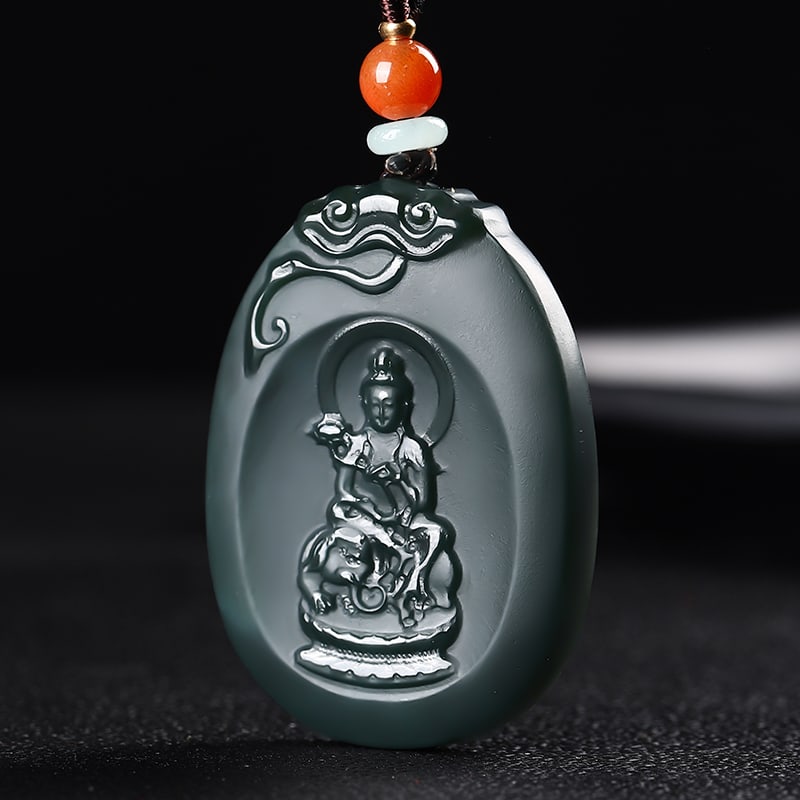 An Exquisite Cyan jade Statue of Samantabhadra Pendant: An Exquisite Cyan jade Statue of Samantabhadra Pendant,Size:45mx1.3inx0.3in 青玉普贤菩萨像挂件