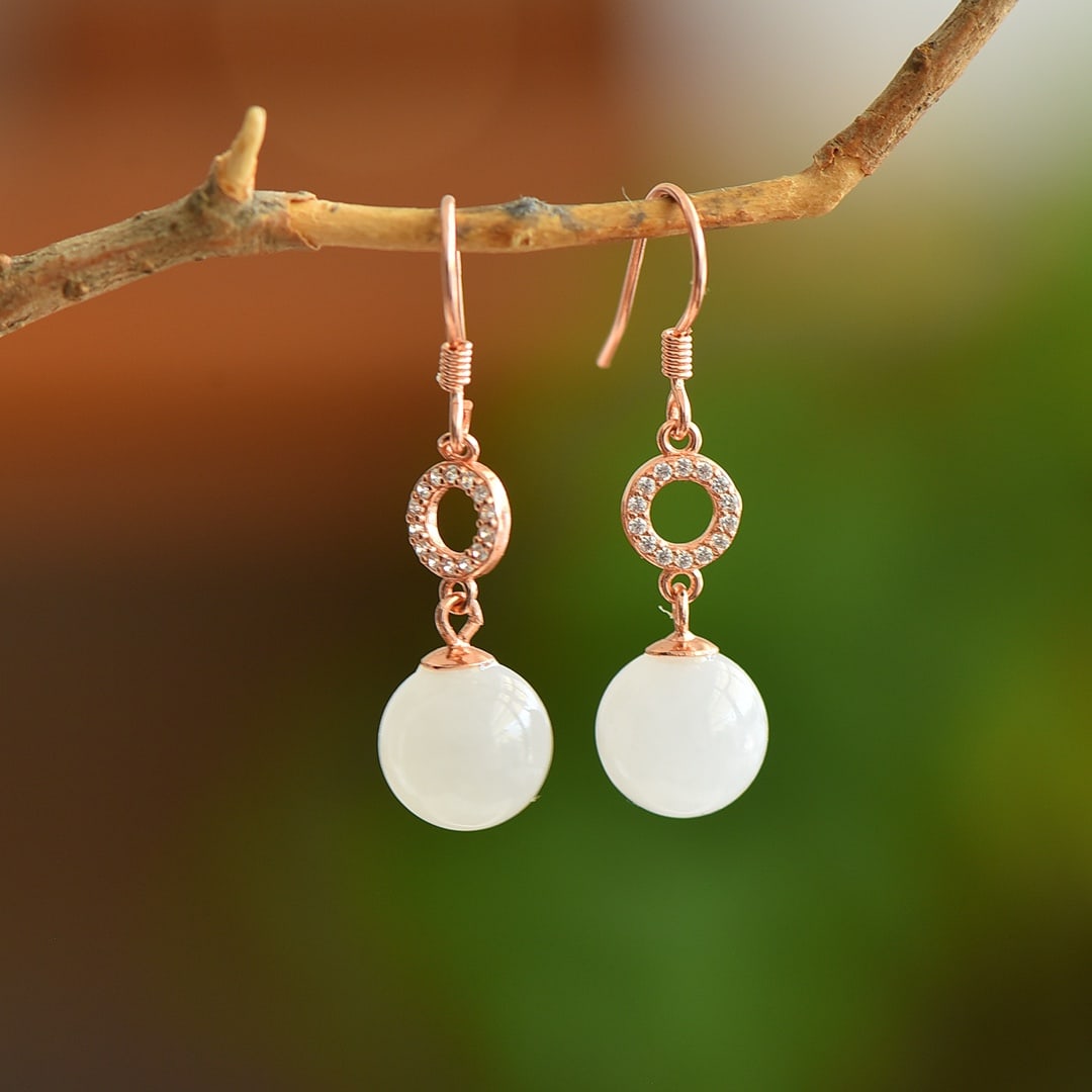 A Pair of Exquisite Sterling Silver-Gold Plated Inlaid White Jade Earrings: A Pair of Exquisite Sterling Silver-Gold Plated Inlaid White Jade Earrings, 一对纯银镀金镶白玉耳环