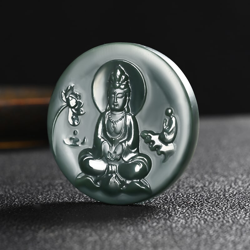 An Exquisite Cyan jade Statue of Avalokitesvara Pendant: An Exquisite Cyan jade Statue of Avalokitesvara Pendant,Size:2inx0.3in 青玉观音像挂件