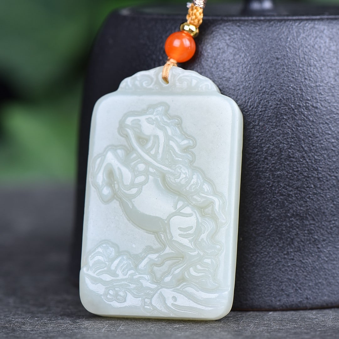 An Exquisite White Jade Horse Pattern Pendant: An Exquisite White Jade Horse Pattern Pendant,Size:1.2inx2in 白玉马纹挂件