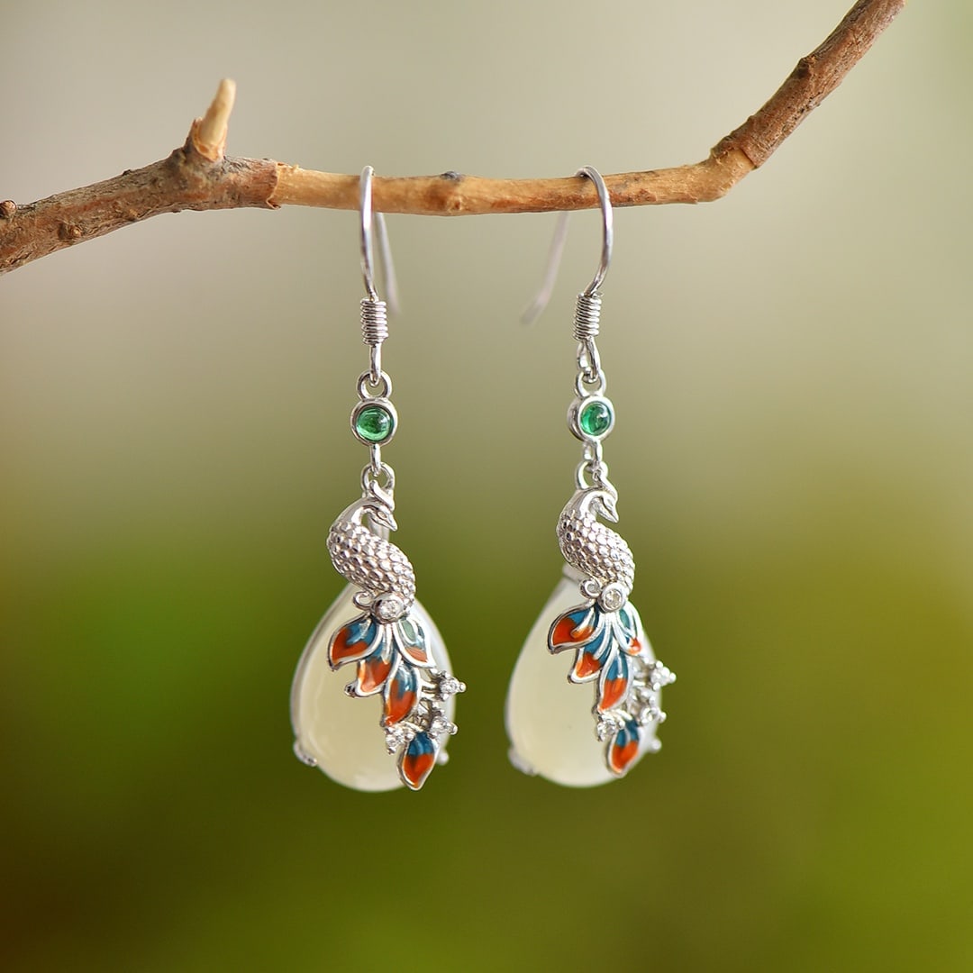 A Pair of Exquisite Sterling Silver Inlaid White Jade Enamel Earrings: A Pair of Exquisite Sterling Silver Inlaid White Jade Enamel Earrings, 一对纯银镶白玉珐琅耳环