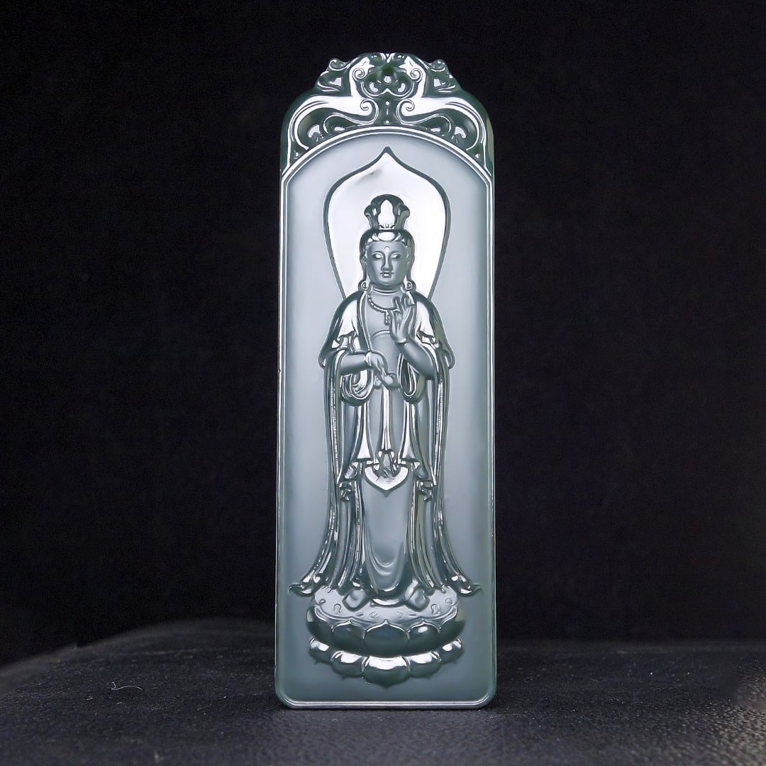 An Exquisite Greenish Jade Statue of Avalokitesvara Pendant: An Exquisite Greenish Jade Statue of Avalokitesvara Pendant,Size:3.3inx1.1inx0.3in 青玉观音像挂件