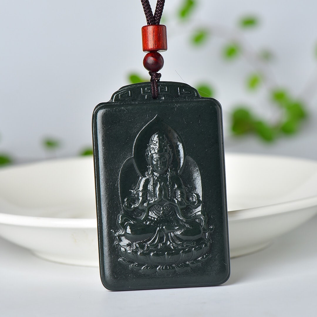 An Exquisite Sapphire Avalokitesvara Pattern Pendant: An Exquisite Sapphire Avalokitesvara Pattern Pendant,Size:1.7inx2.6in (寓意)寓意吉祥 玉脂温润 