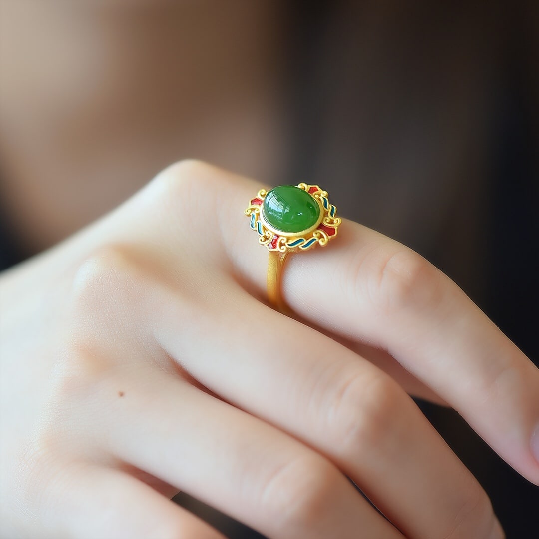 An Exquisite Sterling Silver-Gold Plated Inlaid Jasper Enamel Ring: An Exquisite Sterling Silver-Gold Plated Inlaid Jasper Enamel Ring,Size:0.3inx0.4in 纯银镀金镶碧玉珐琅戒指