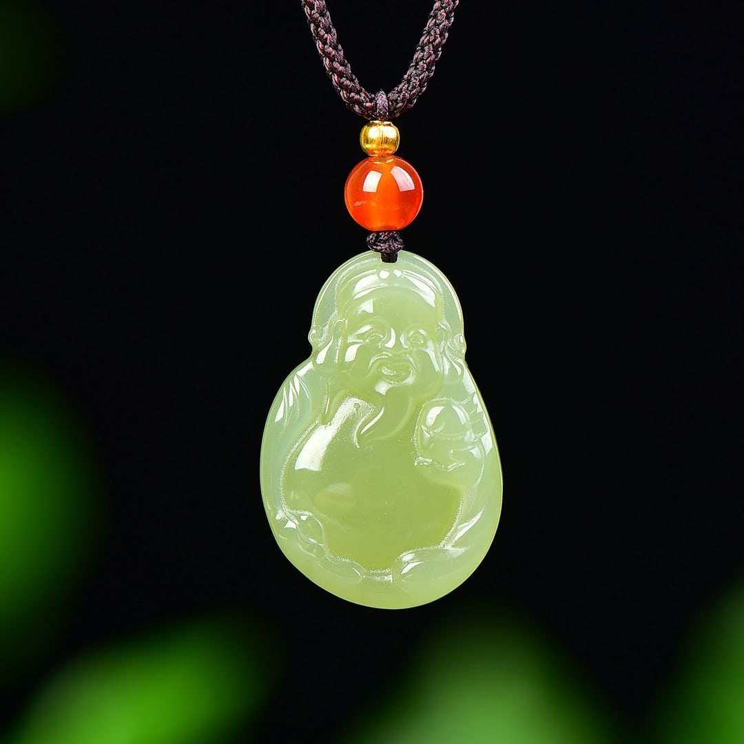 An Exquisite Greenish Jade Statue of Mammon Pendant (1 of 1)