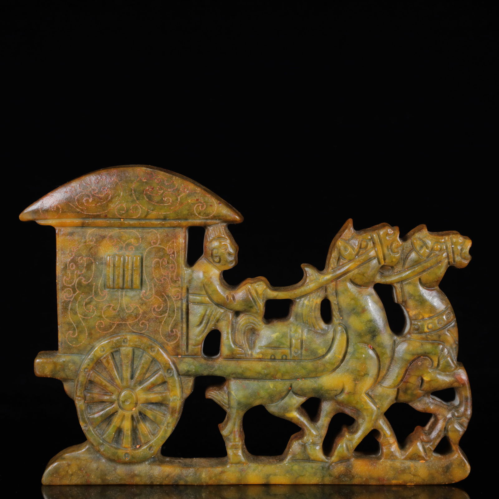 A Rare Gaogu yu Carriage Ornament: A Rare Gaogu yu Carriage Ornament,Ancient Time,China,Size:4.7inx0.6inx0.4in,Weight:408g 高古玉马车摆件,中国远古时期