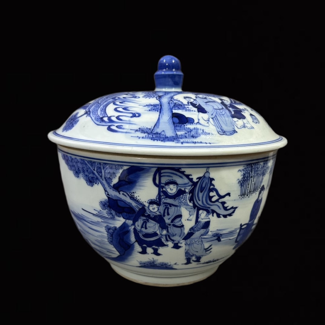 An Exquisite Blue and White Character and Story Pattern Jar with Cover: An Exquisite Blue and White Character and Story Pattern Jar with Cover,Qing Dynasty,China,Kangxi Six-character Mark,Size:5.5inx7.5in