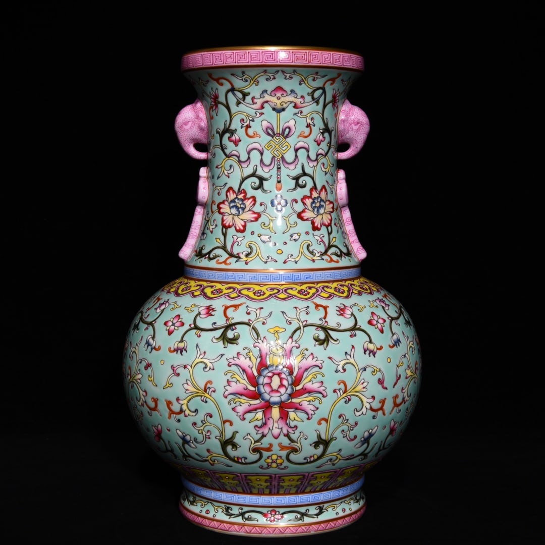 A Rare Green Ground Famille-Rose Lotus Pattern Elephant-Ears Vase: A Rare Green Ground Famille-Rose Lotus Pattern Elephant-Ears Vase,Qing Dynasty,China,Qianlong Six-character Mark,Size:11.8inx8.3in 