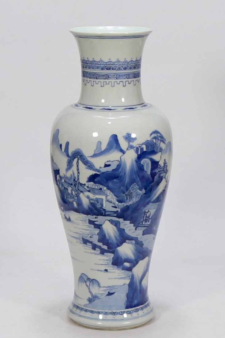 An Exquisite Blue and White Landscape and Figure Pattern Vase: An Exquisite Blue and White Landscape and Figure Pattern Vase,Qing Dynasty,China,Kangxi Six-character Mark,Size:17.7inx4.9in 