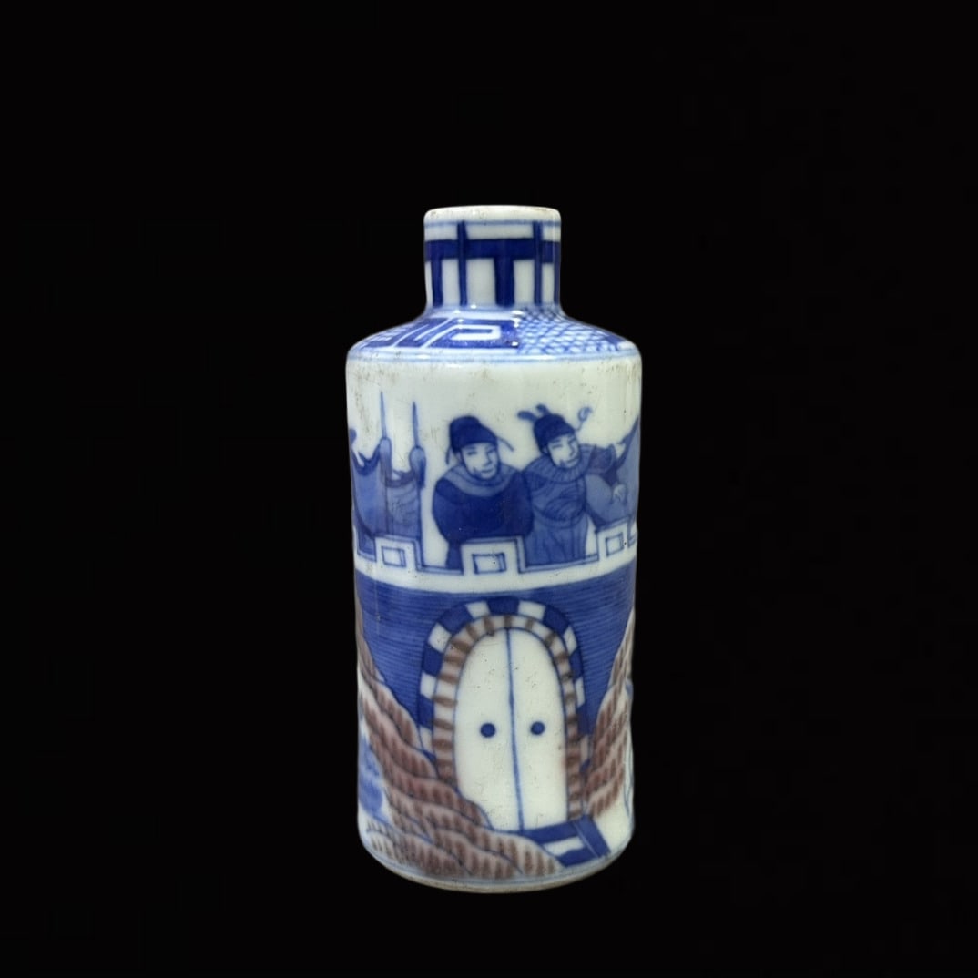 An Exquisite Blue and White Underglaze-Red Character and Story Pattern Snuff Bottle (1 of 9)