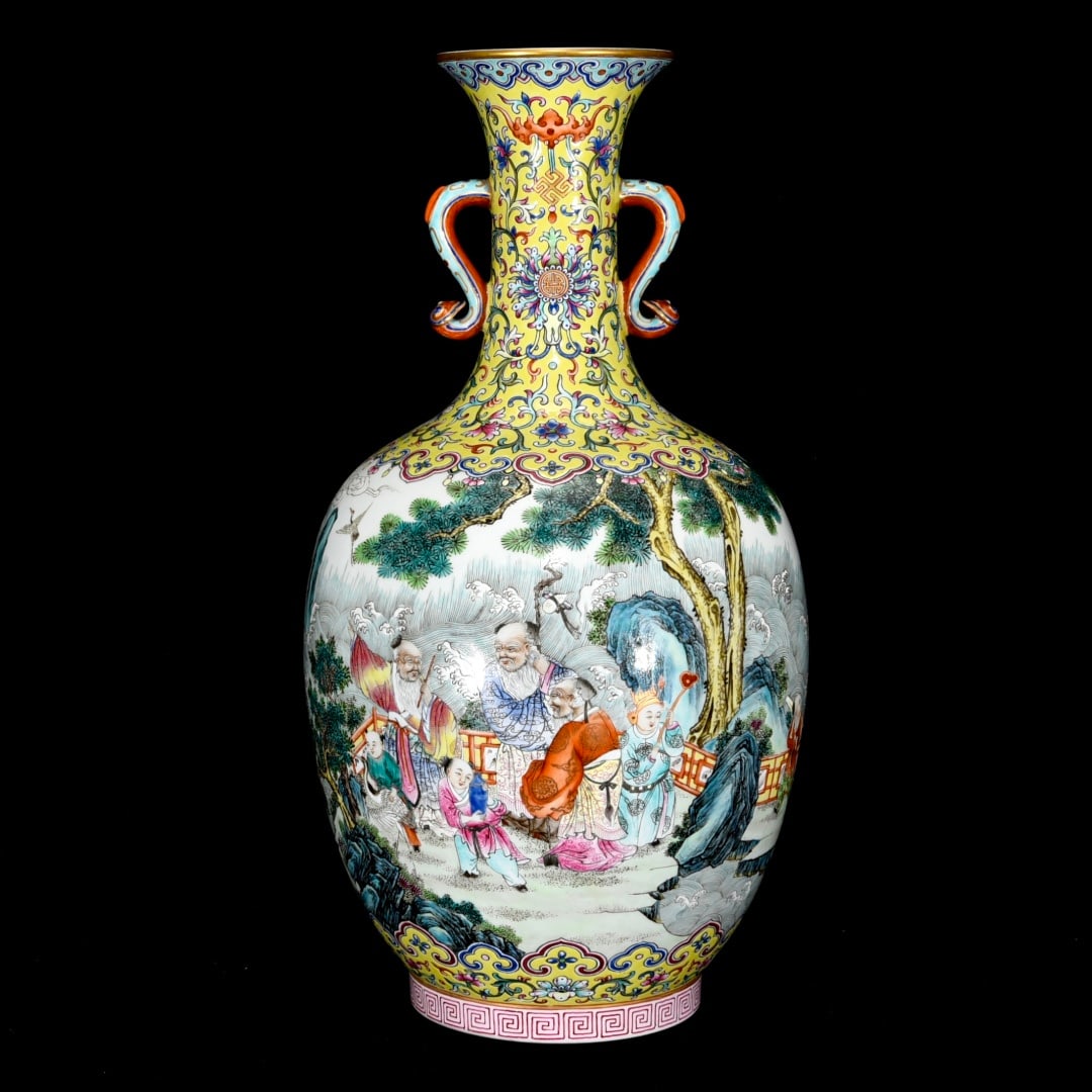 A Huge Famille-Rose Figure and Story Pattern Double-Ears Vase: A Huge Famille-Rose Figure and Story Pattern Double-Ears Vase,Qing Dynasty,China,Jiaqing Six-Character Mark,Size:16.5inx9.1in 