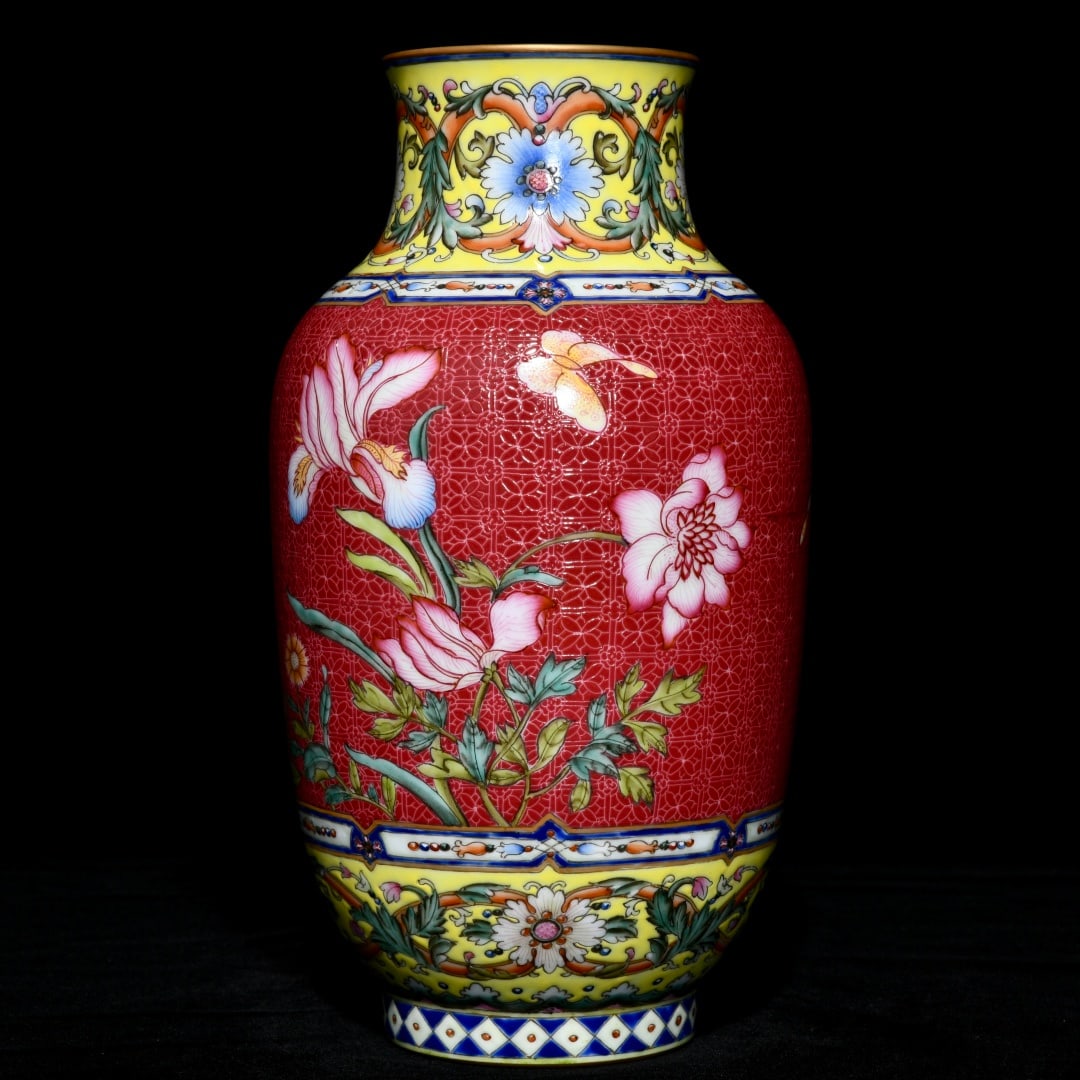 An Exquisite Ruby Red-Glazed Enamel Flower and Butterfly Pattern Vase: An Exquisite Ruby Red-Glazed Enamel Flower and Butterfly Pattern Vase,Qing Dynasty,China,Qianlong Six-character Mark,Size:10.2inx5.5in 