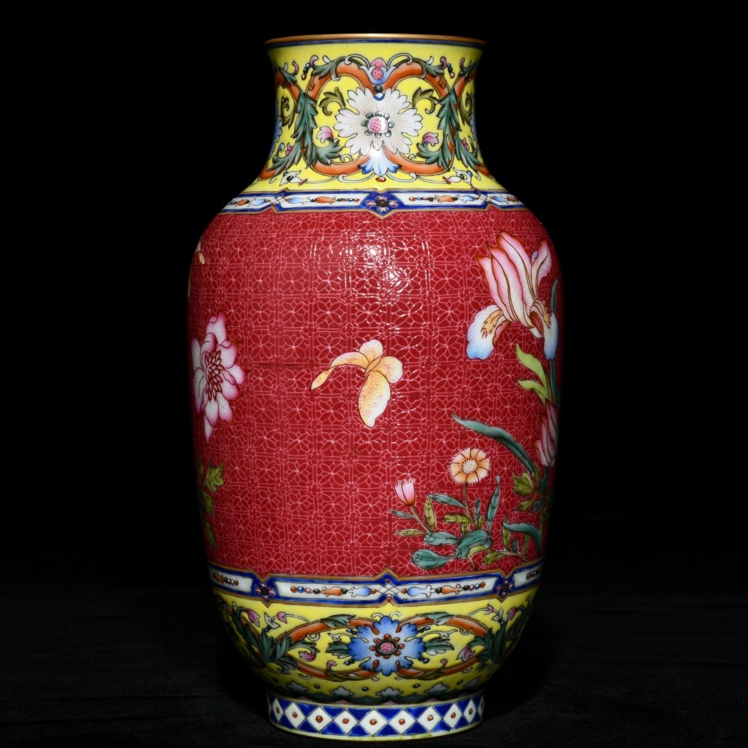 An Exquisite Ruby Red-Glazed Enamel Flower and Butterfly Pattern Vase - 2