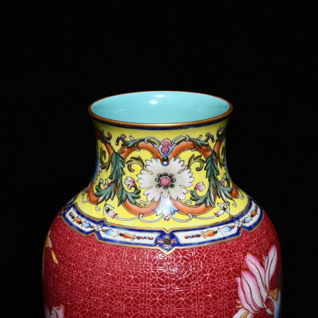 An Exquisite Ruby Red-Glazed Enamel Flower and Butterfly Pattern Vase - 5