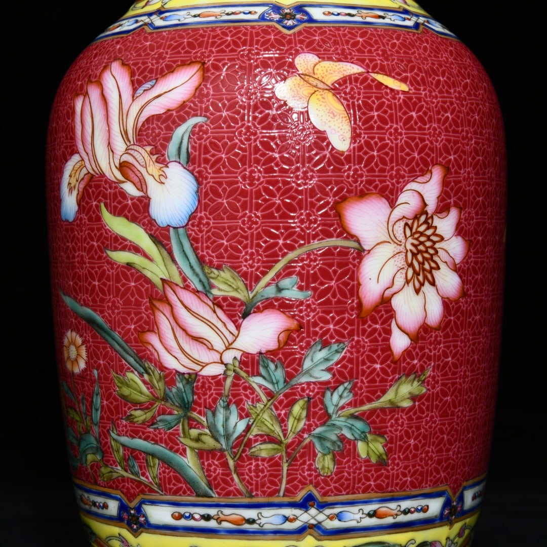 An Exquisite Ruby Red-Glazed Enamel Flower and Butterfly Pattern Vase - 8