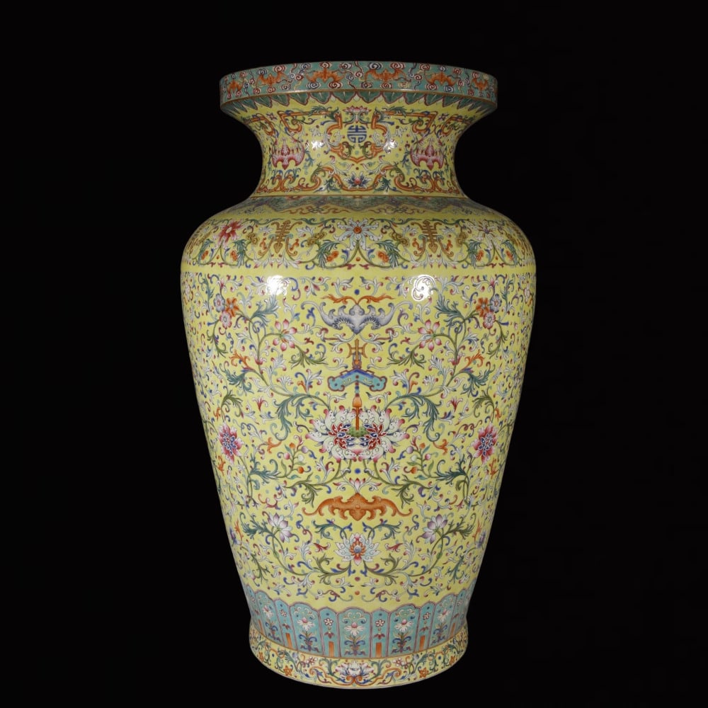An Exquisite Enamel Yellow Ground Lotus Pattern Vase: An Exquisite Enamel Yellow Ground Lotus Pattern Vase,Qing Dynasty,China,Qianlong Six-character Mark,Size:29.9inx14.2in 