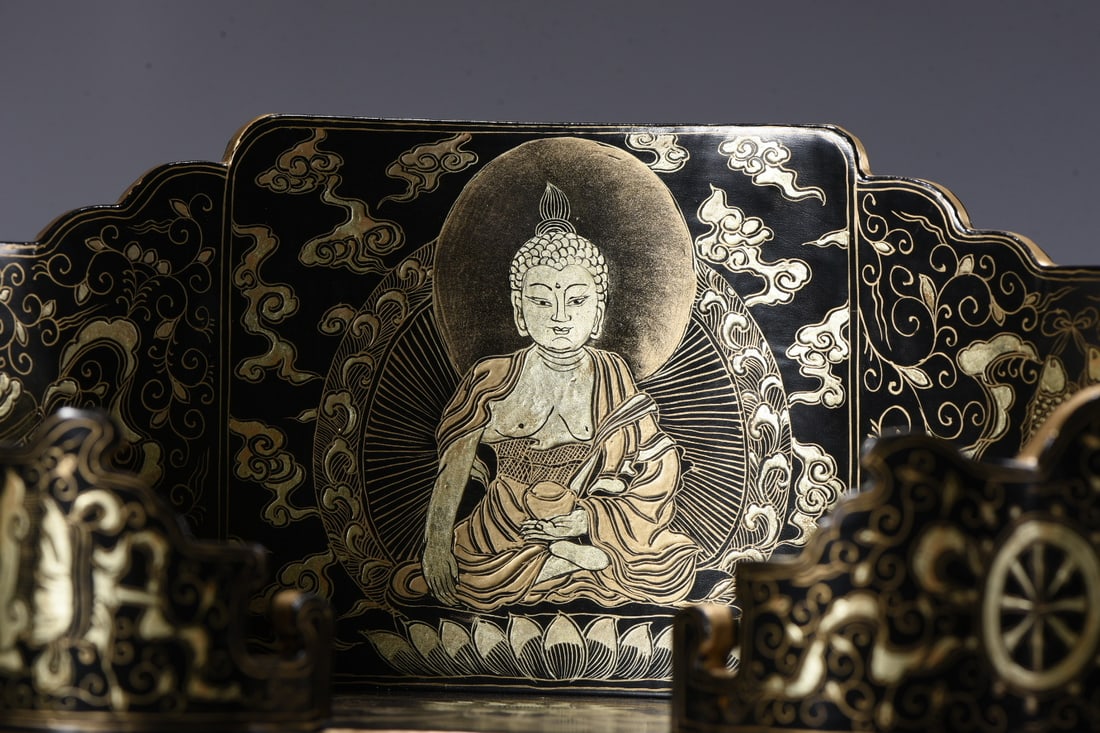 An Exquisite Carved Lacquer Painted Gold Buddha Statue Pattern Throne,with Scriptures - 2
