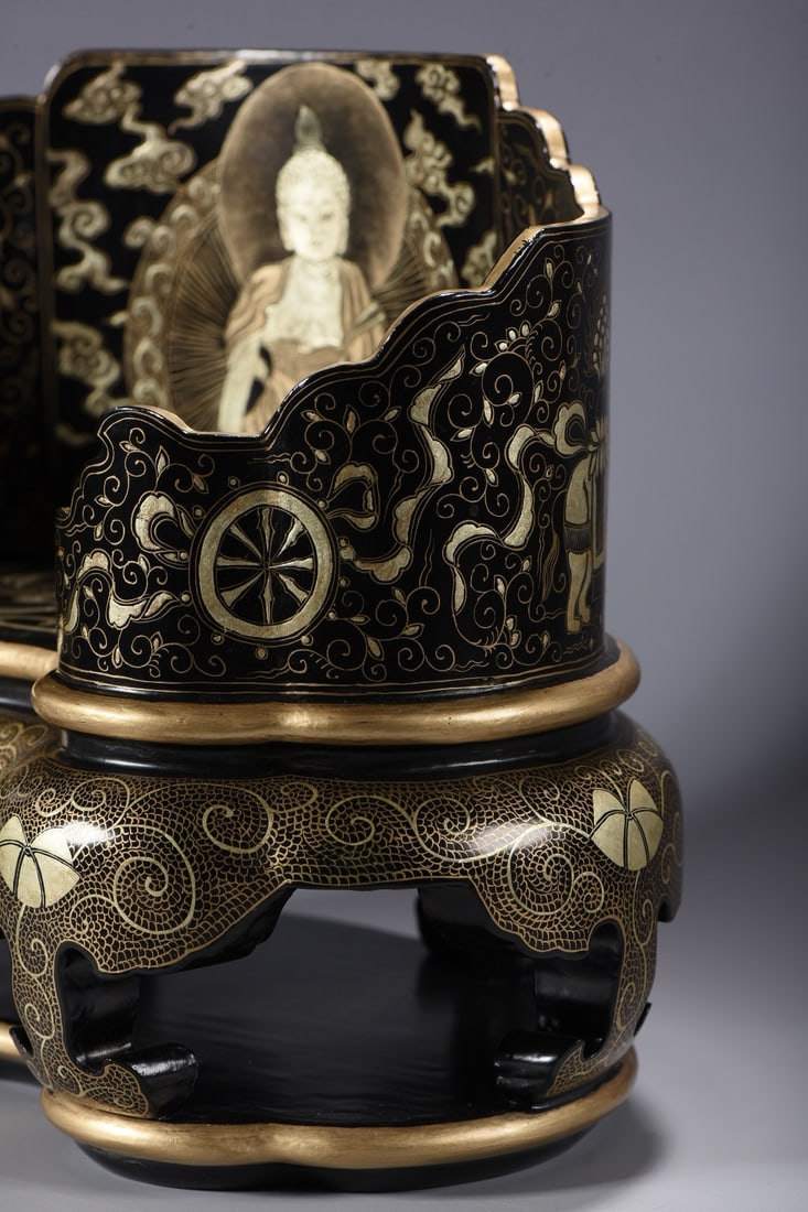 An Exquisite Carved Lacquer Painted Gold Buddha Statue Pattern Throne,with Scriptures - 4