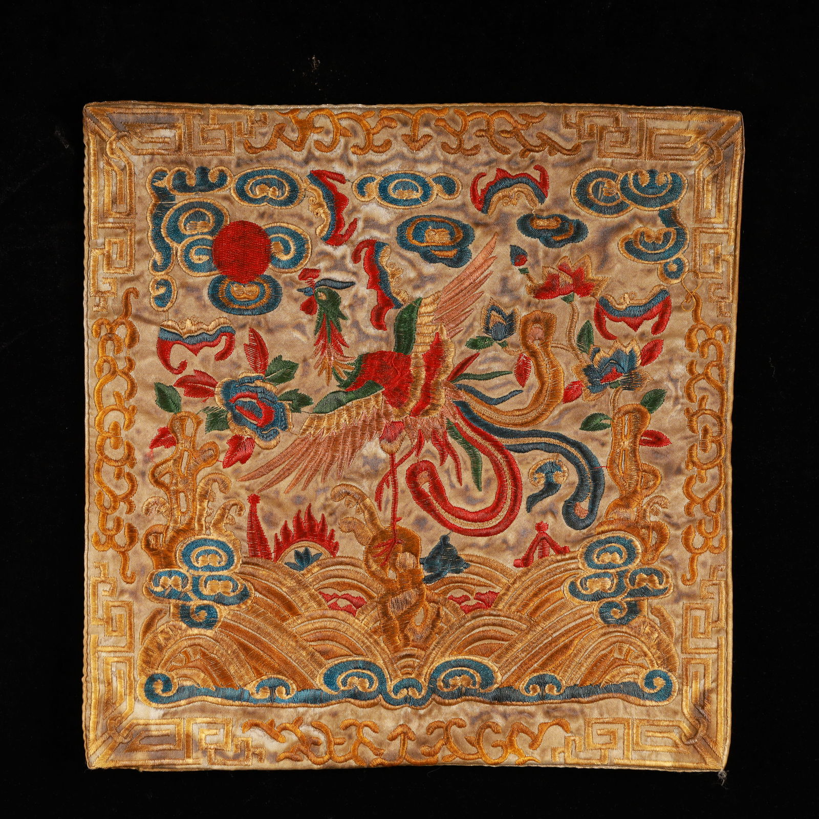 An Exquisite Embroidery Phoenix Pattern Civil Official Rank Badges: An Exquisite Embroidery Phoenix Pattern Civil Official Rank Badges,Qing Dynasty, China,Size:10.2inx10.2in 刺绣凤官补,中国清代