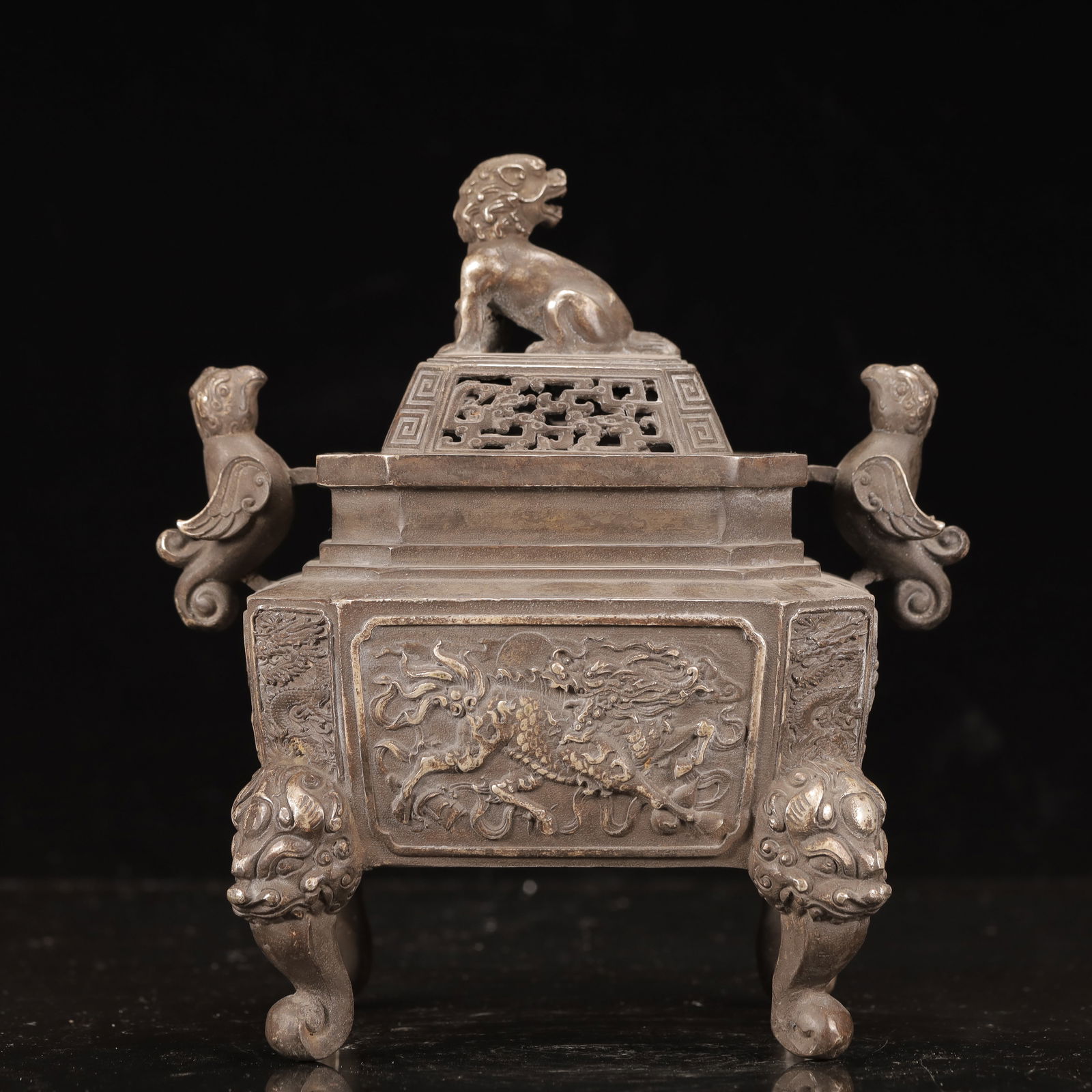 An Exquisite Silver-plated Copper Dragon Pattern Phoenix-Ears Beast-legs Censer: An Exquisite Silver-plated Copper Dragon Pattern Phoenix-Ears Beast-legs Censer,Qing Dynasty, China, Qianlong Four-character Mark,Size:6.7inx5.5inx7.9in,Weight:1850g 