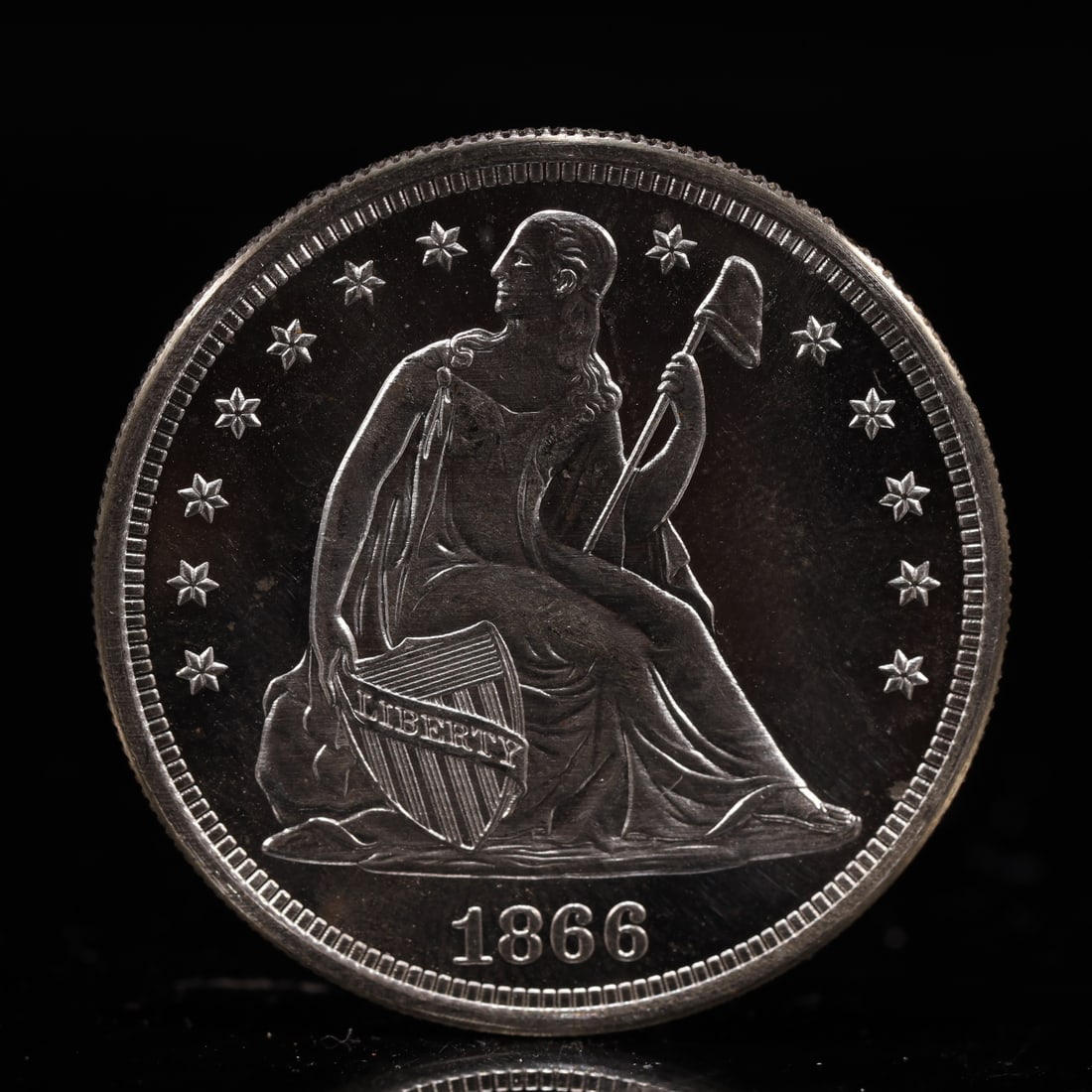 USA One Dollar 1866 Coin: American coin. IN GOD WE TRUST / LIBERTY / 1866 / UNITED STATES OF AMERICA / ONE DOL. Weight:26.9g.