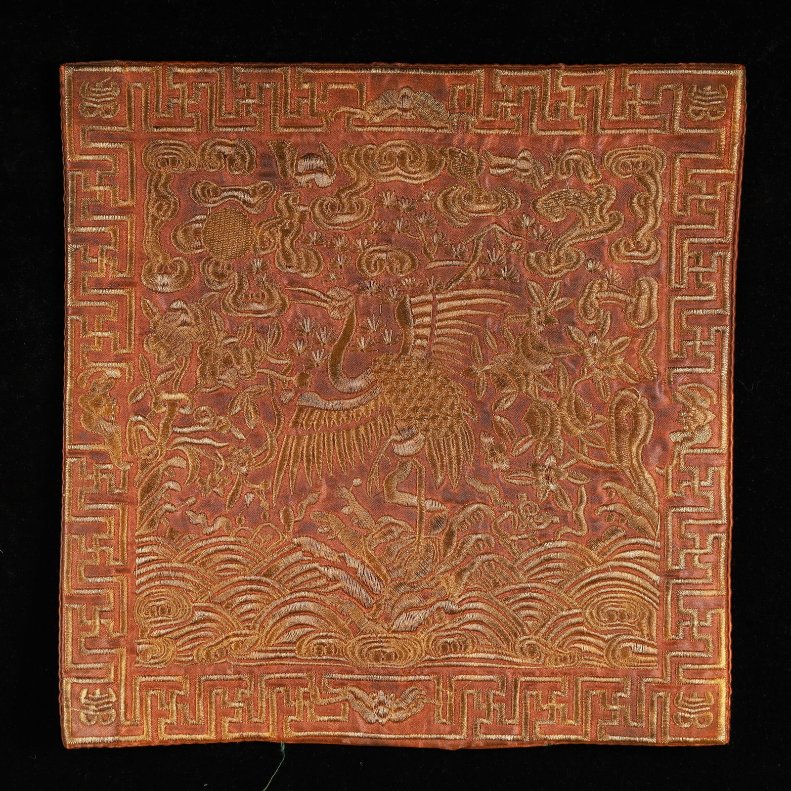 An Exquisite Embroidery Crane Pattern Civil Official Rank Badges: An Exquisite Embroidery Crane Pattern Civil Official Rank Badges,Qing Dynasty, China,Size:10.2inx10.2in 刺绣仙鹤官补,中国清代