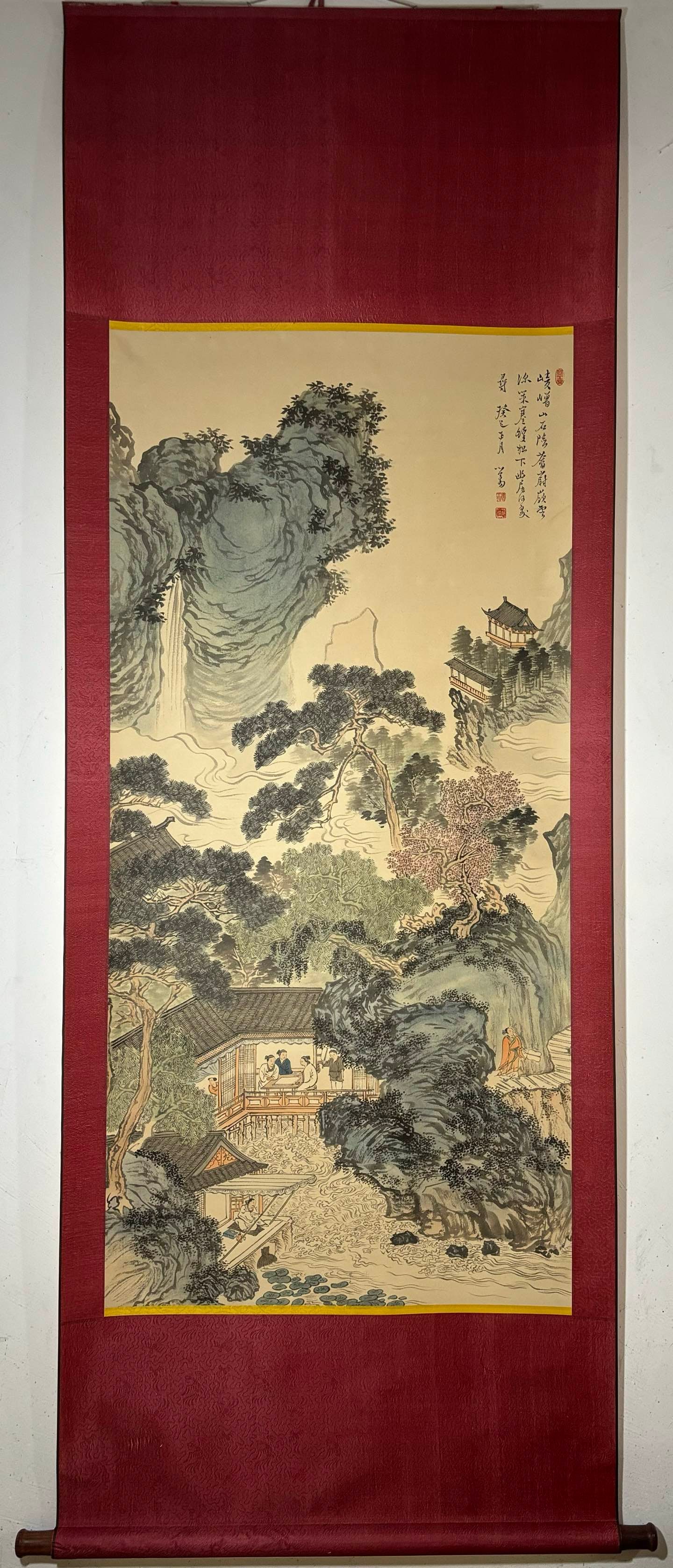 A Chinese Vertical Scroll Ink Painting of Landscape and Figure on Paper: A Chinese Vertical Scroll Ink Painting of Landscape and Figure on Paper,Pu Ru,Size:53.9inx25.6in 一幅中国水墨山水人物画立轴