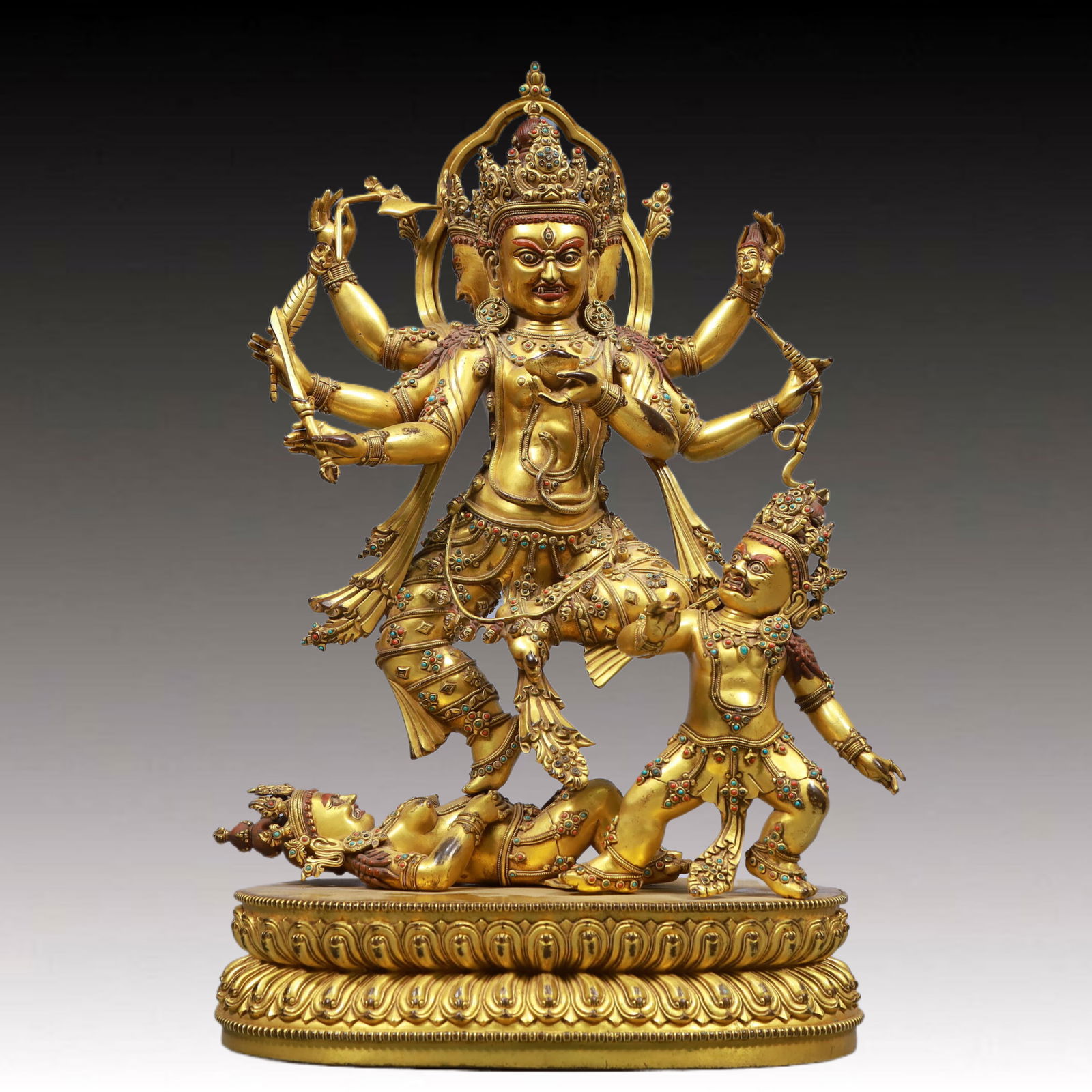A Solemn Gilt Bronze Statue of Chakrasamvara, Inlaid Gems: A Solemn Gilt Bronze Statue of Chakrasamvara, Inlaid Gems, Ming Dynasty, China, Xuande Six-character Mark, Size:12.2inx6.7inx20.9in, Weight:13600g 