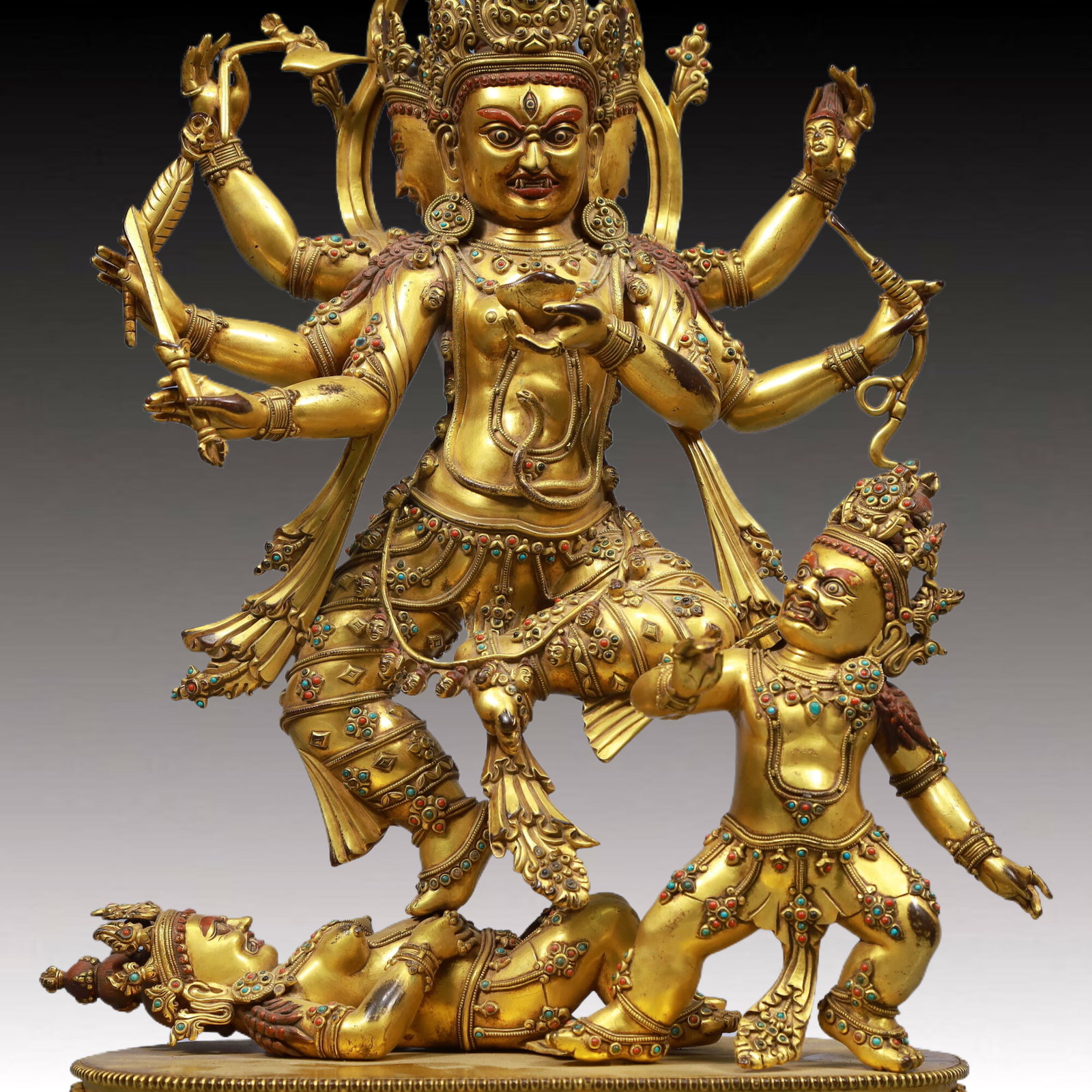 A Solemn Gilt Bronze Statue of Chakrasamvara, Inlaid Gems - 3