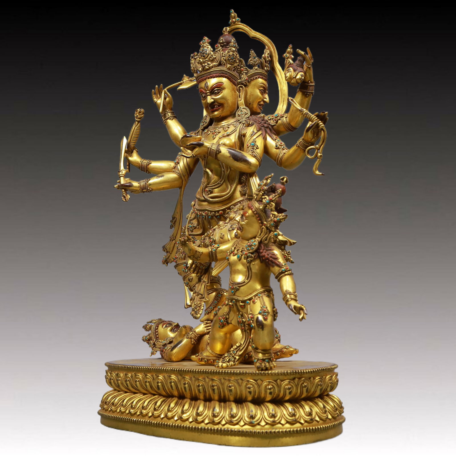 A Solemn Gilt Bronze Statue of Chakrasamvara, Inlaid Gems - 6