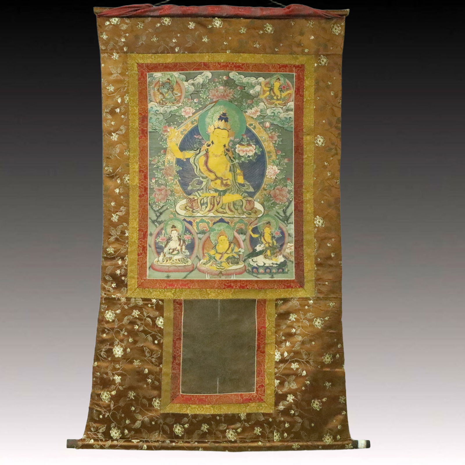 A Rare Brocade Painted Color Statue of Manjusri Tangka: A Rare Brocade Painted Color Statue of Manjusri Tangka,Qing Dynasty, China,Size:35inx60.6in 