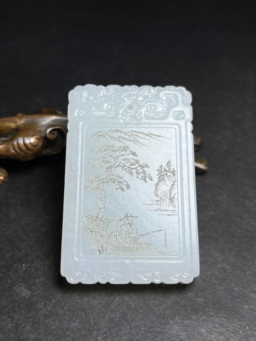 An Exquisite White Jade Character Boating Pattern Pendant,with Poem: An Exquisite White Jade Character Boating Pattern Pendant,with Poem,Qing Dynasty,China,Size:1.6inx0.3inx2.5in,Weight:57g 