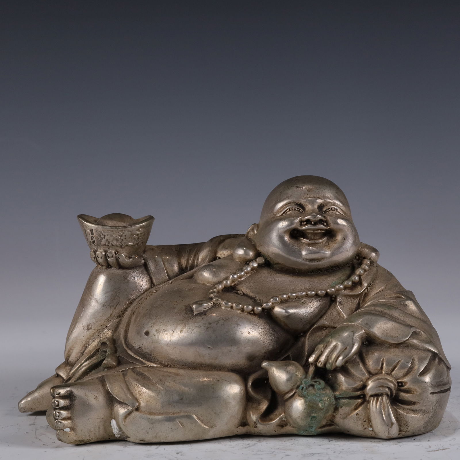 An Exquisite Silver-plated Maitreya Buddha Ornament: An Exquisite Silver-plated Maitreya Buddha Ornament,The Republic of China,Size:6.3inx3.5inx3.5in,Weight:1100g, 