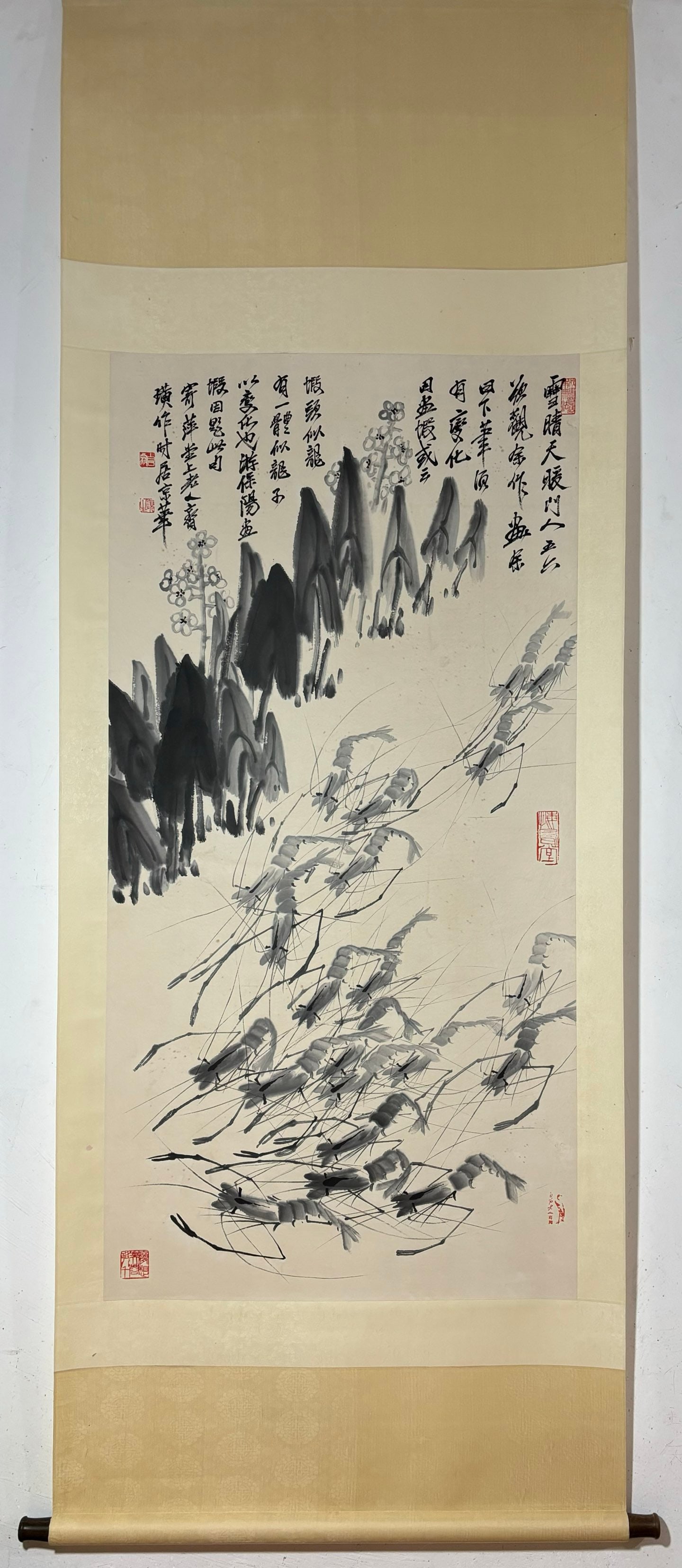A Chinese Vertical Scroll Ink Painting of Shrimp on Paper: A Chinese Vertical Scroll Ink Painting of Shrimp on Paper,Qi Baishi,Size:53.5inx26.8in 一幅中国水墨虾画立轴,齐白石